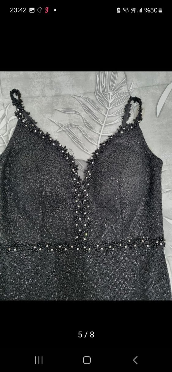 Boncuk İşlemeli Siyah Uzun Abiye Elbise - Görsel 5