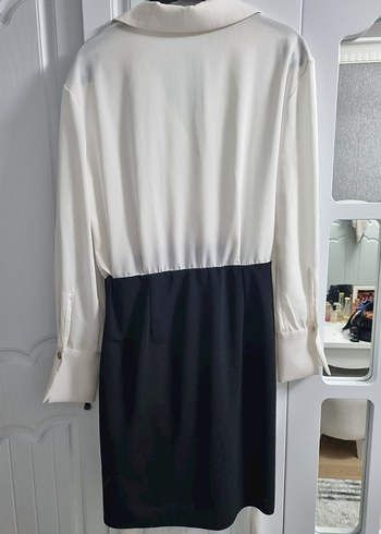 Beyaz V Yakalı Kemerli Mini Ofis Elbisesi - Görsel 7