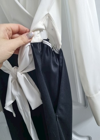 Beyaz V Yakalı Kemerli Mini Ofis Elbisesi - Görsel 8