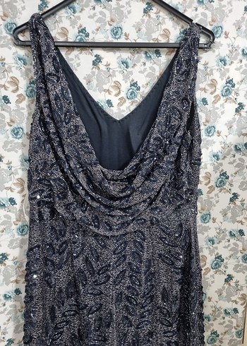 Lacivert Nakışlı Uzun Abiye Elbise - Görsel 9