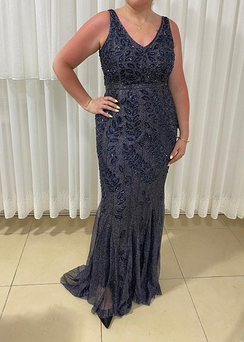 Lacivert Nakışlı Uzun Abiye Elbise - Görsel 13