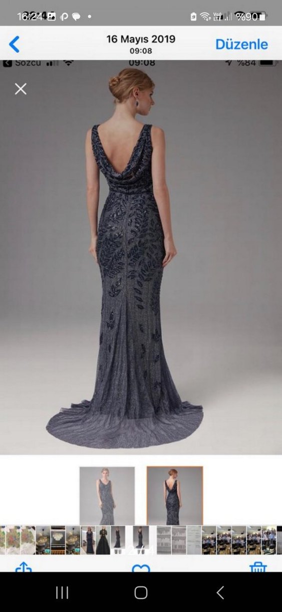 Lacivert Nakışlı Uzun Abiye Elbise - Görsel 2