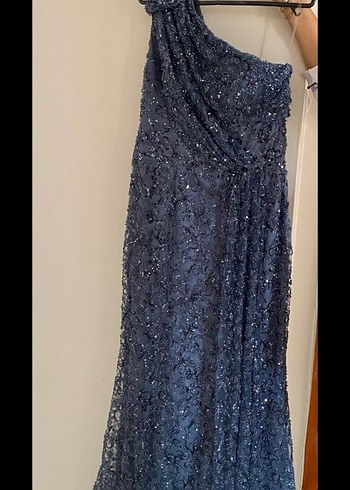 Drapeli Lacivert Nakışlı Uzun Abiye Elbise - Görsel 5