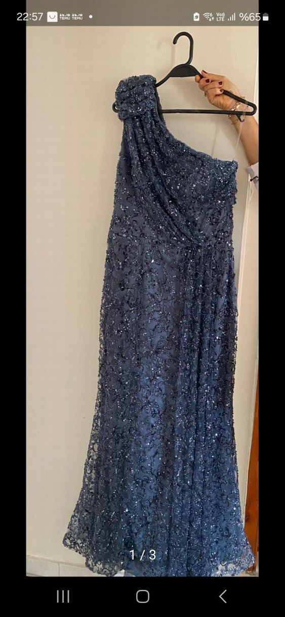 Drapeli Lacivert Nakışlı Uzun Abiye Elbise - Görsel 5