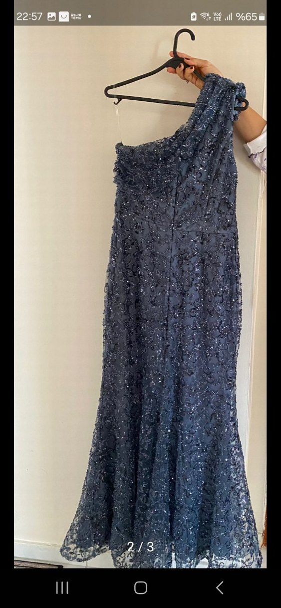 Drapeli Lacivert Nakışlı Uzun Abiye Elbise - Görsel 4