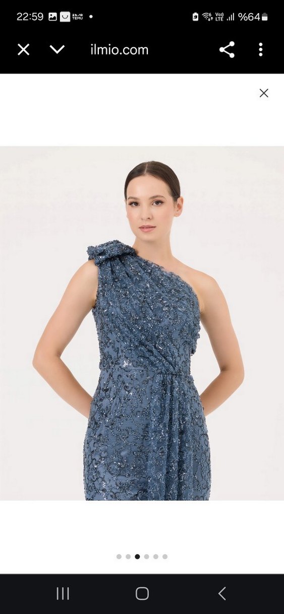 Drapeli Lacivert Nakışlı Uzun Abiye Elbise - Görsel 3