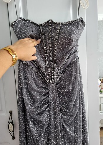 Gri Drapeli Uzun Abiye Elbise - Görsel 8