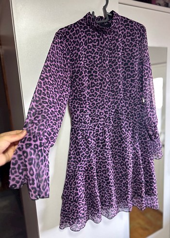 Mor Leopar Desenli Uzun Kollu Midi Elbise