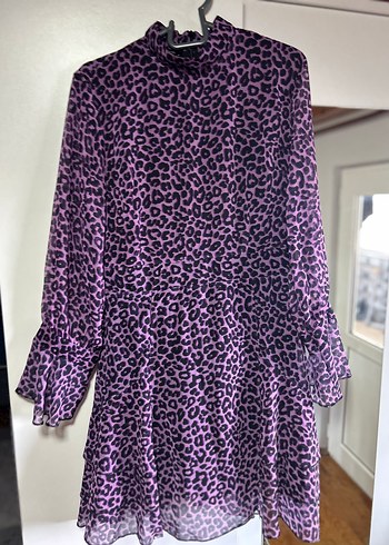 diğer Beden Mor Leopar Desenli Uzun Kollu Midi Elbise