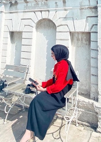 diğer Beden Kırmızı Siyah Etnik Desenli Uzun Elbise