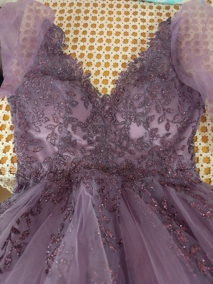 Uzun Kollu Mor İşlemeli Abiye Elbise - Görsel 4