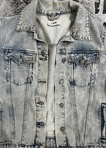 Diğer Gri Uzun Kesim Batik Desenli Denim Ceket