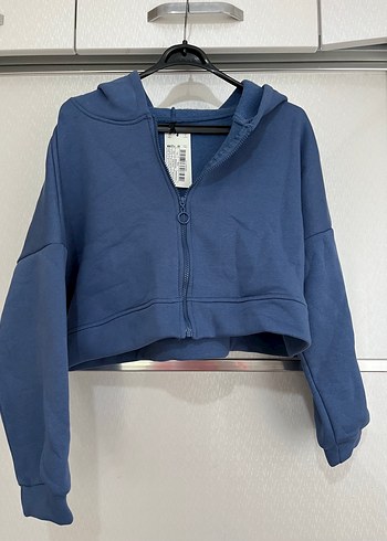 Kadın Mavi Fermuarlı Kapüşonlu içi polarlı Sweatshirt