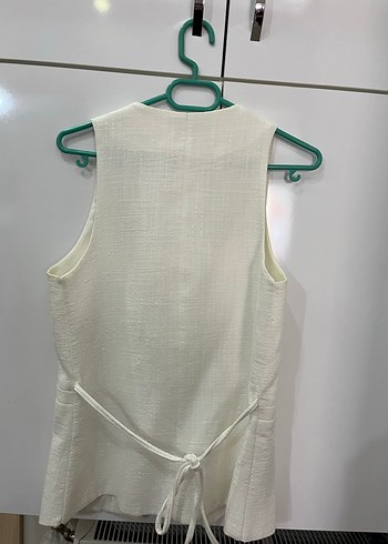 Düğmeli Beyaz Keten Midi Kadın Yelek - Görsel 3