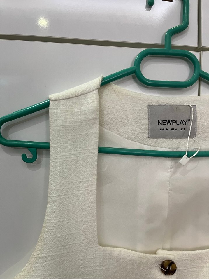 Düğmeli Beyaz Keten Midi Kadın Yelek - Görsel 2