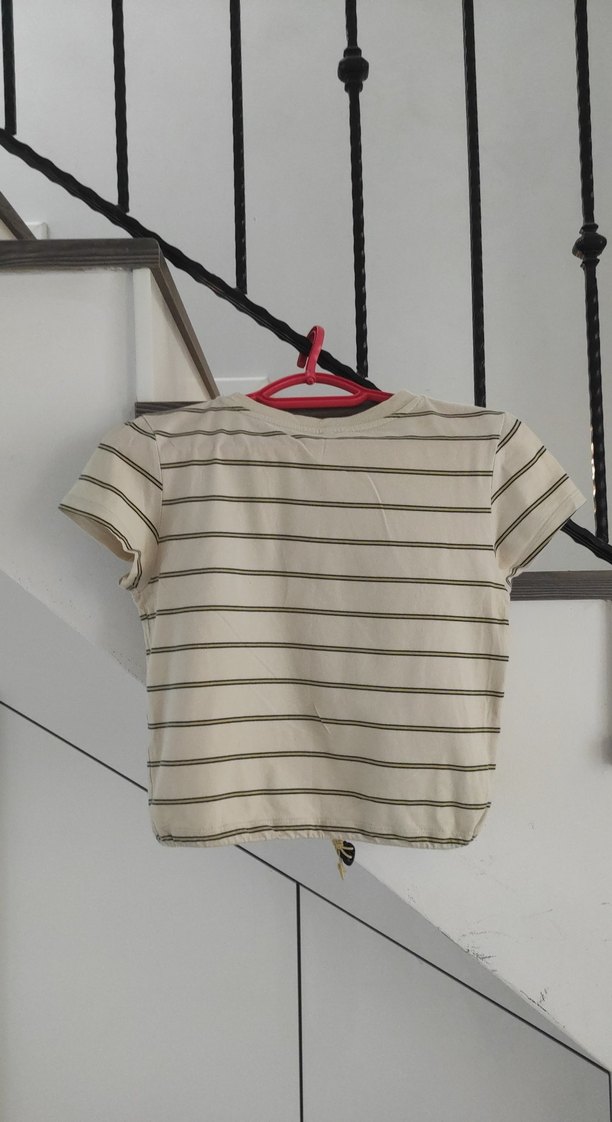 Kadin Bej Çizgili Kısa Kollu Crop Tişört - Görsel 2