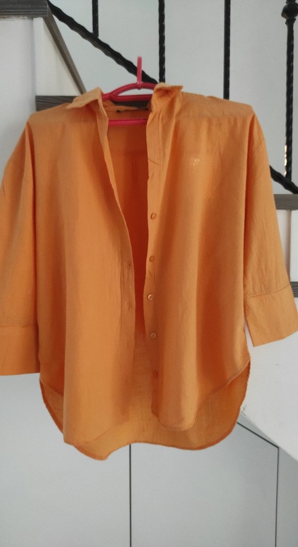 Açık Turuncu Kadın Keten Gömlek, Düğmeli, Salaş Kesim - Görsel 2