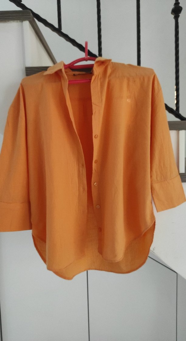 Açık Turuncu Kadın Keten Gömlek, Düğmeli, Salaş Kesim - Görsel 3