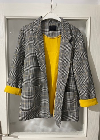 Sarı Detaylı Gri Ekose Kadın Blazer