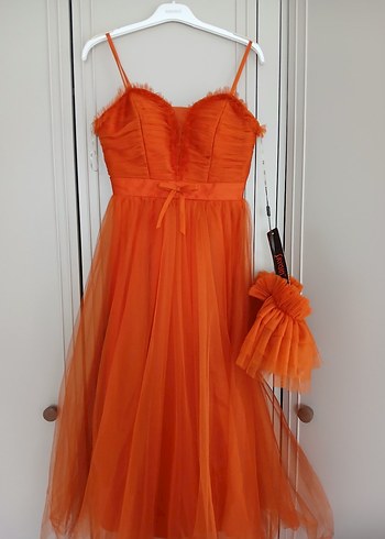 Turuncu midi Abiye Elbise - Görsel 3