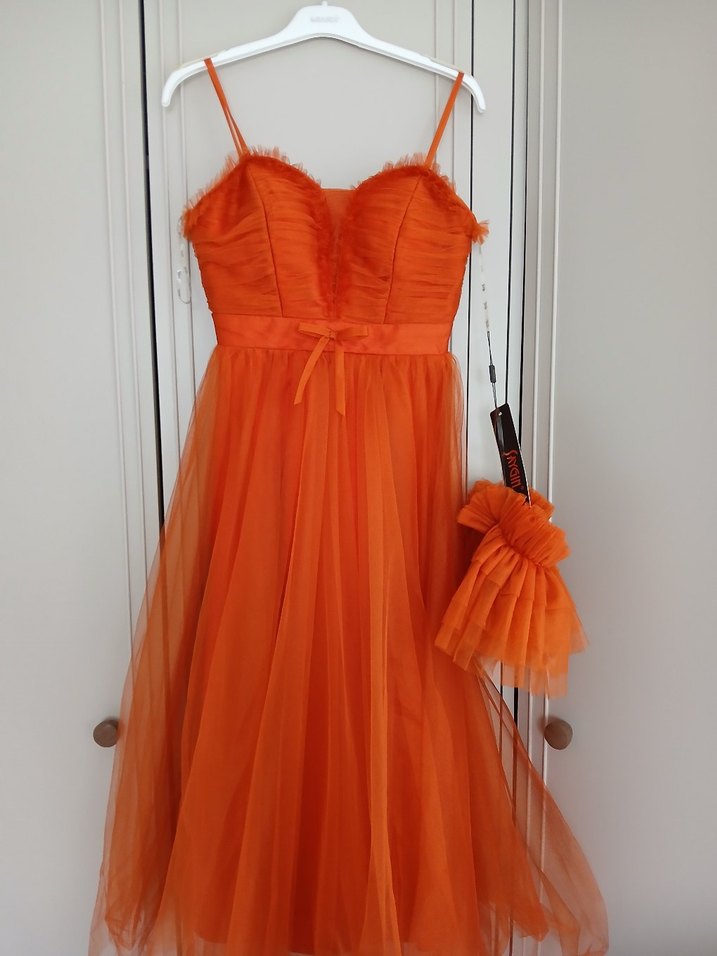 Turuncu midi Abiye Elbise - Görsel 3