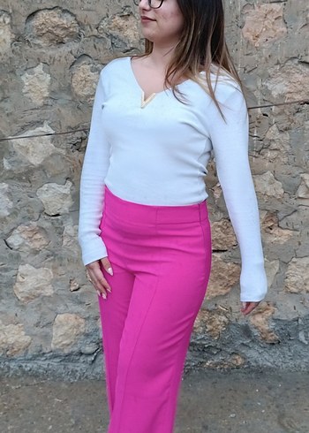 Pembe  Midi Kadın Kumaş Pantolon uzun düz kesim - Görsel 3