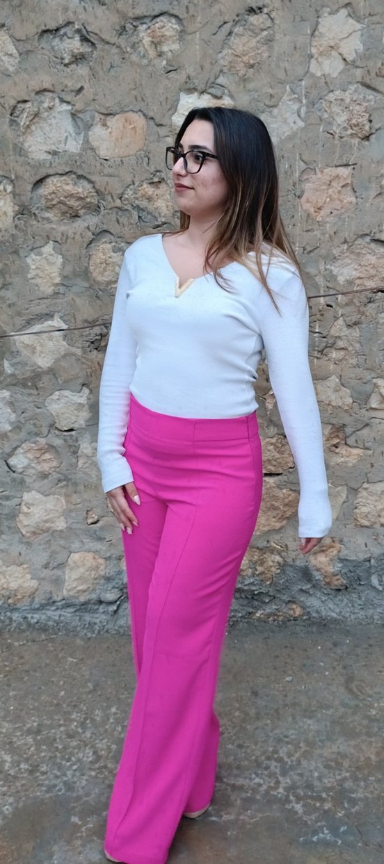 Pembe  Midi Kadın Kumaş Pantolon uzun düz kesim - Görsel 3