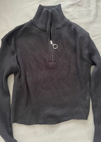 Kadın Siyah Yarım Fermuarlı Triko Kazak - Görsel 2