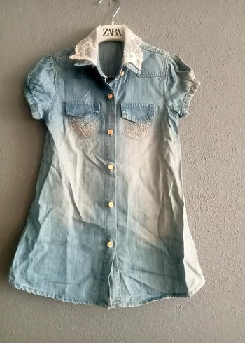 Nakışlı Mavi Kız Denim elbise