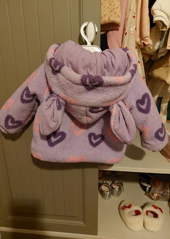 Kapüşonlu Mor Kalp Desenli Kız Çocuk Peluş Mont - Görsel 3