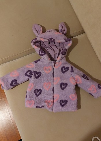 Kapüşonlu Mor Kalp Desenli Kız Çocuk Peluş Mont - Görsel 4