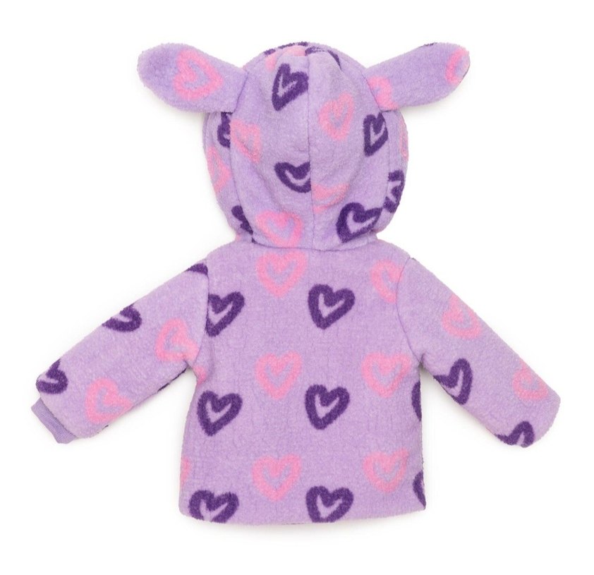 Kapüşonlu Mor Kalp Desenli Kız Çocuk Peluş Mont - Görsel 5