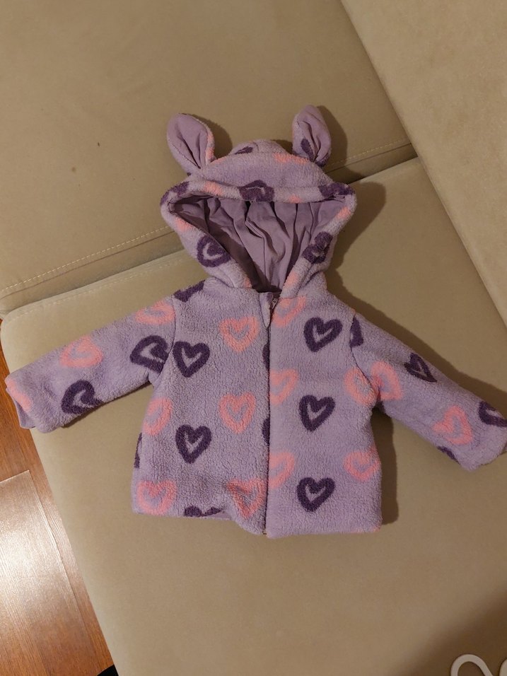 Kapüşonlu Mor Kalp Desenli Kız Çocuk Peluş Mont - Görsel 4