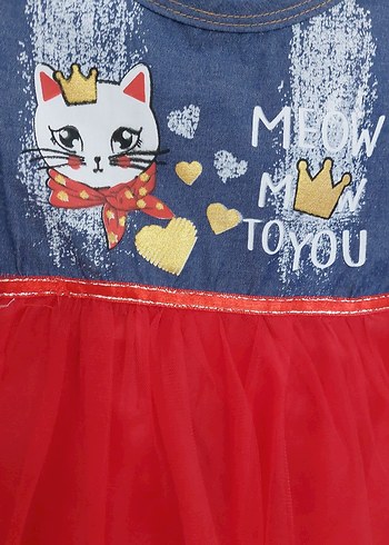 Kız Çocuk Kedi Baskılı Kırmızı Tül Elbise - Görsel 2
