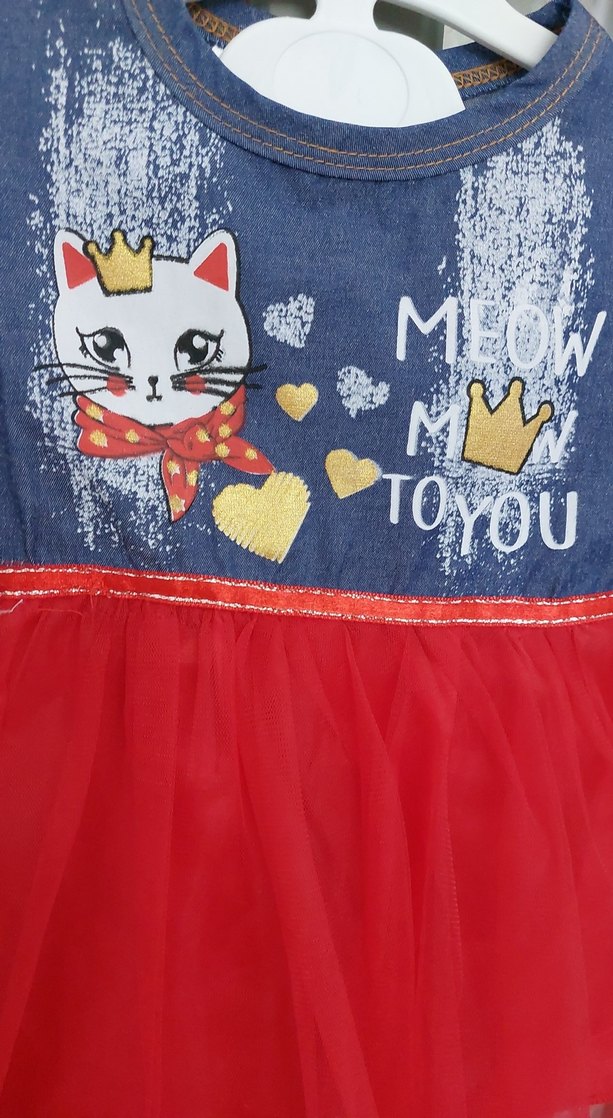 Kız Çocuk Kedi Baskılı Kırmızı Tül Elbise - Görsel 2