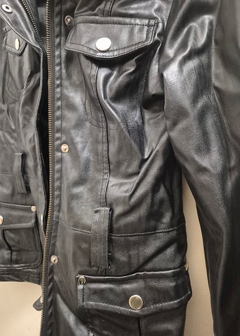 Düğmeli Siyah Deri Biker Ceket - Görsel 2