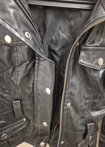 Düğmeli Siyah Deri Biker Ceket - Görsel 4