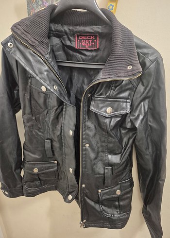 Düğmeli Siyah Deri Biker Ceket - Görsel 5