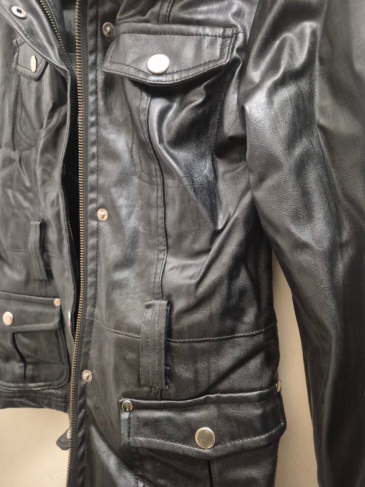 Düğmeli Siyah Deri Biker Ceket - Görsel 2