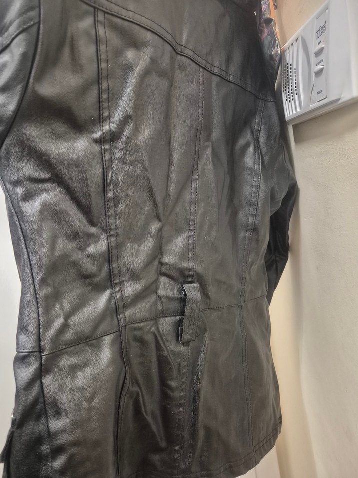 Düğmeli Siyah Deri Biker Ceket - Görsel 3