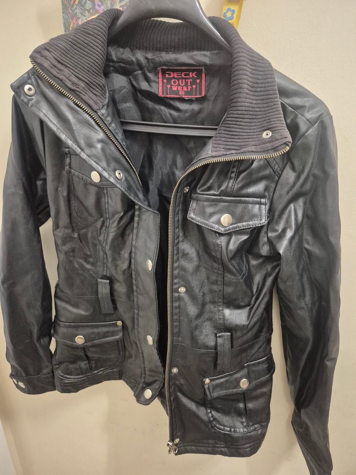 Düğmeli Siyah Deri Biker Ceket - Görsel 5