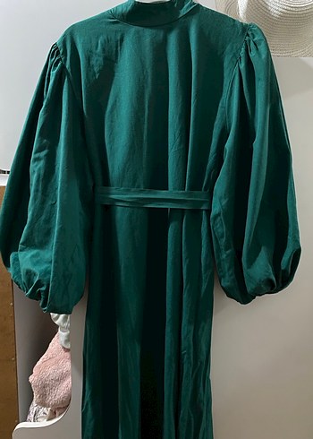 Yeşil Uzun Keten Elbise, Yüksek Yakalı, Bol Kesim - Görsel 2