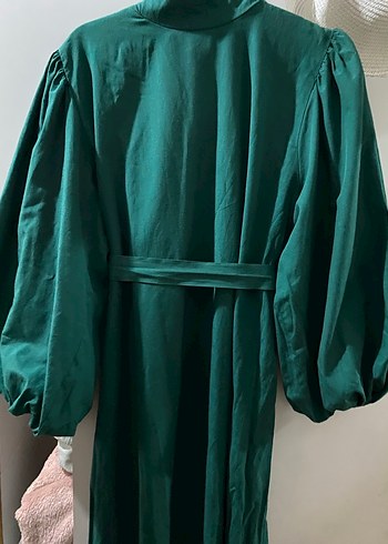 Yeşil Uzun Keten Elbise, Yüksek Yakalı, Bol Kesim - Görsel 3