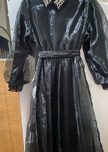 Siyah Uzun Kollu şifon elbise - Görsel 2