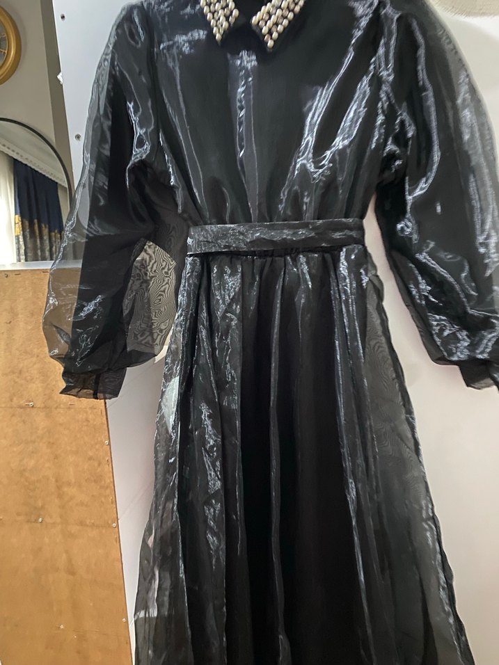 Siyah Uzun Kollu şifon elbise - Görsel 3