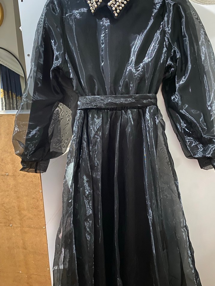 Siyah Uzun Kollu şifon elbise - Görsel 2