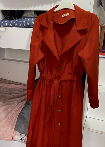 Kiremit Düğmeli Uzun Kadın Trençkot - Görsel 3