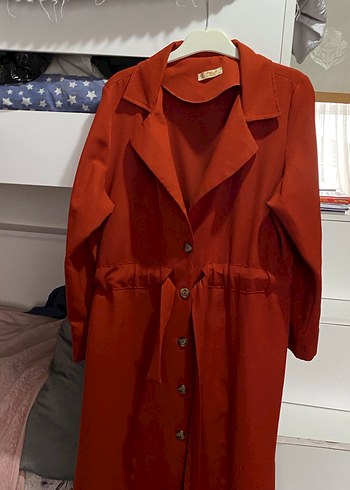 Kiremit Düğmeli Uzun Kadın Trençkot - Görsel 2