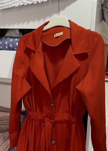 Kiremit Düğmeli Uzun Kadın Trençkot - Görsel 4