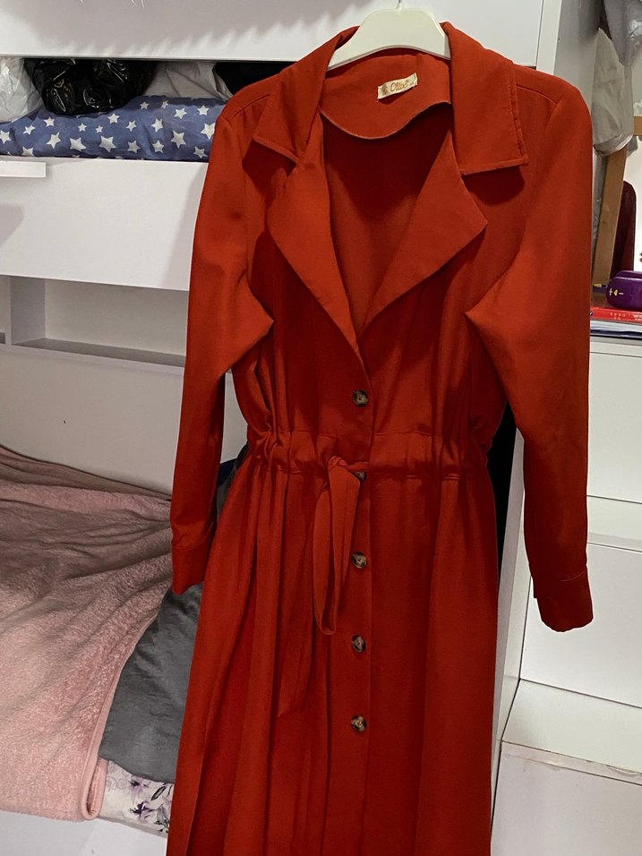 Kiremit Düğmeli Uzun Kadın Trençkot - Görsel 3